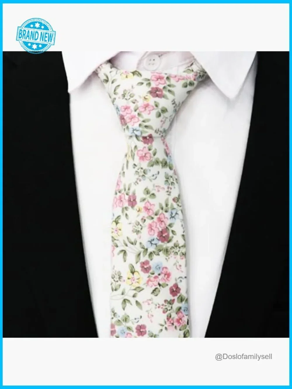 Skinny Floral Tie Cotton Linen Classic Elegant Wedding Party Formal